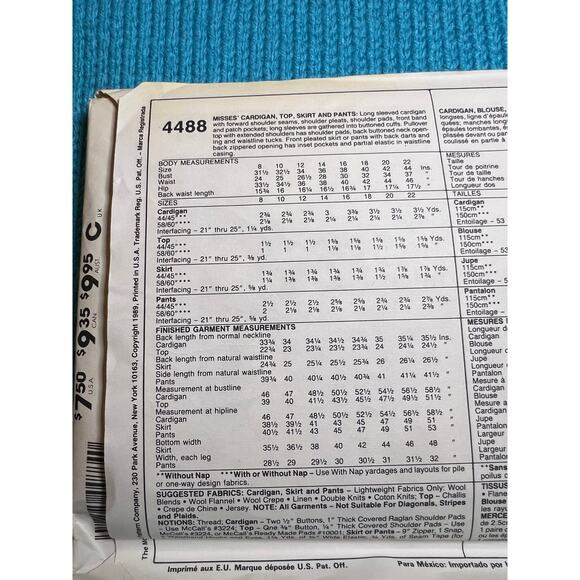 McCalls 4488 Pattern Cardigan top skirt pants 1980s size 14 - Picture 4 of 6